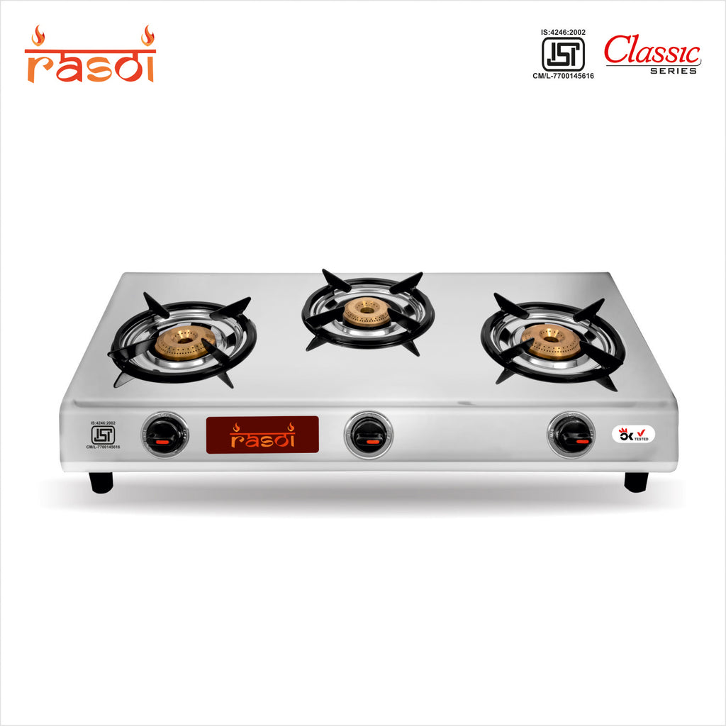 Rasoi Classic Stainless Steel 3 Burner Gas Stove, Silver (ISI Certified)