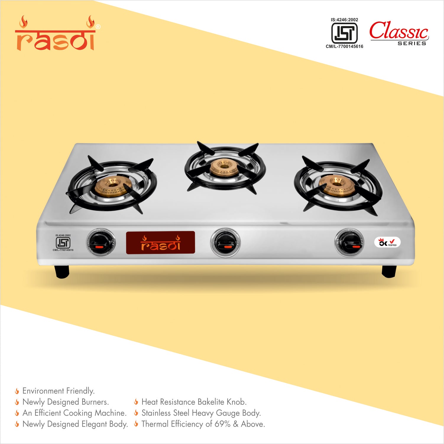 Rasoi Classic Stainless Steel 3 Burner Gas Stove, Silver (ISI Certified)