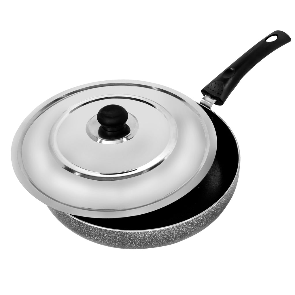Rasoi Non-Stick Aluminum Hammer Tone Finish 240 MM Fry Pan With SS Lid (2.6mm)