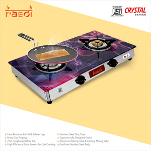Rasoi Crystal Glass Top 2 Burner Gas Stove, Multicolor (ISI Certified)
