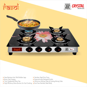 Rasoi Crystal Glass Top 4 Burner Gas Stove, Multicolor (ISI Certified)