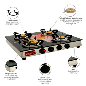 Rasoi Crystal Glass Top 4 Burner Gas Stove, Multicolor (ISI Certified)
