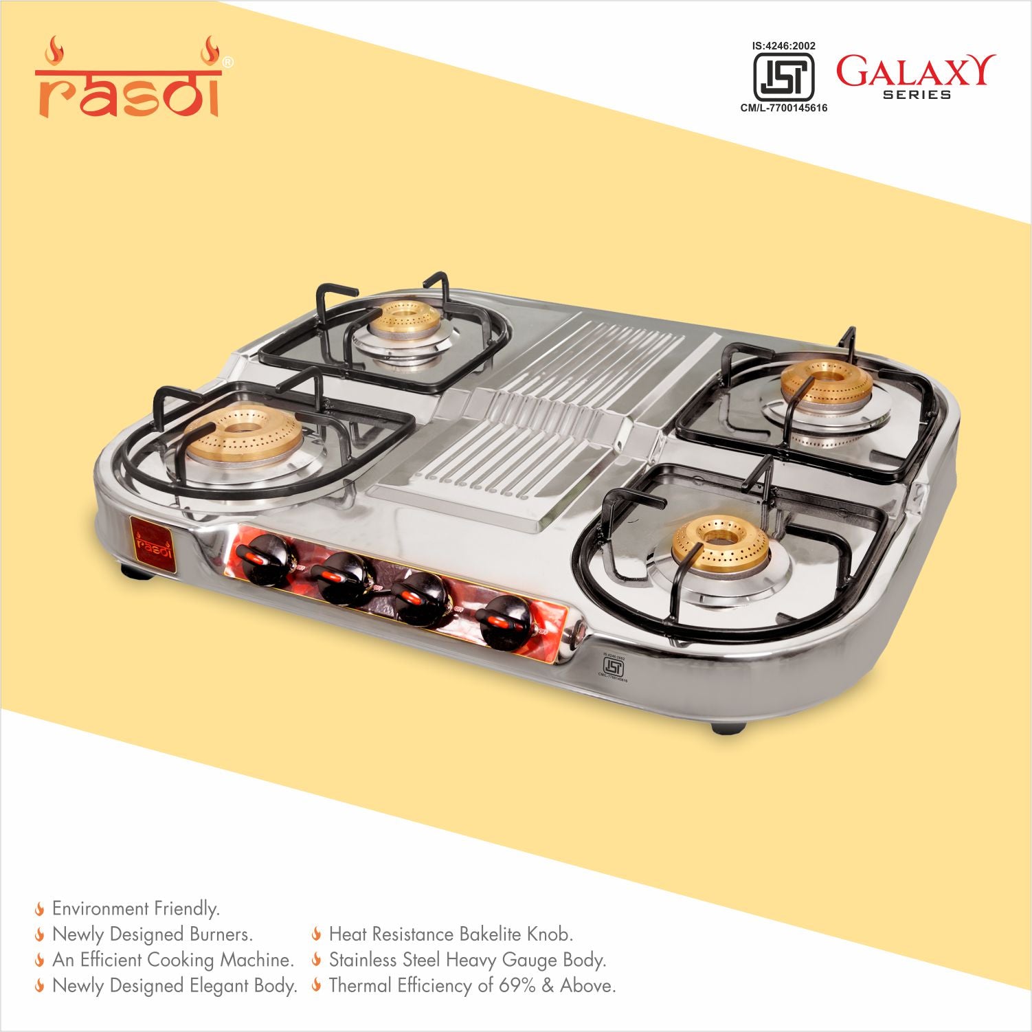 Rasoi Galaxy Diamond 4 Burner Stainless Steel Manual Gas Stove