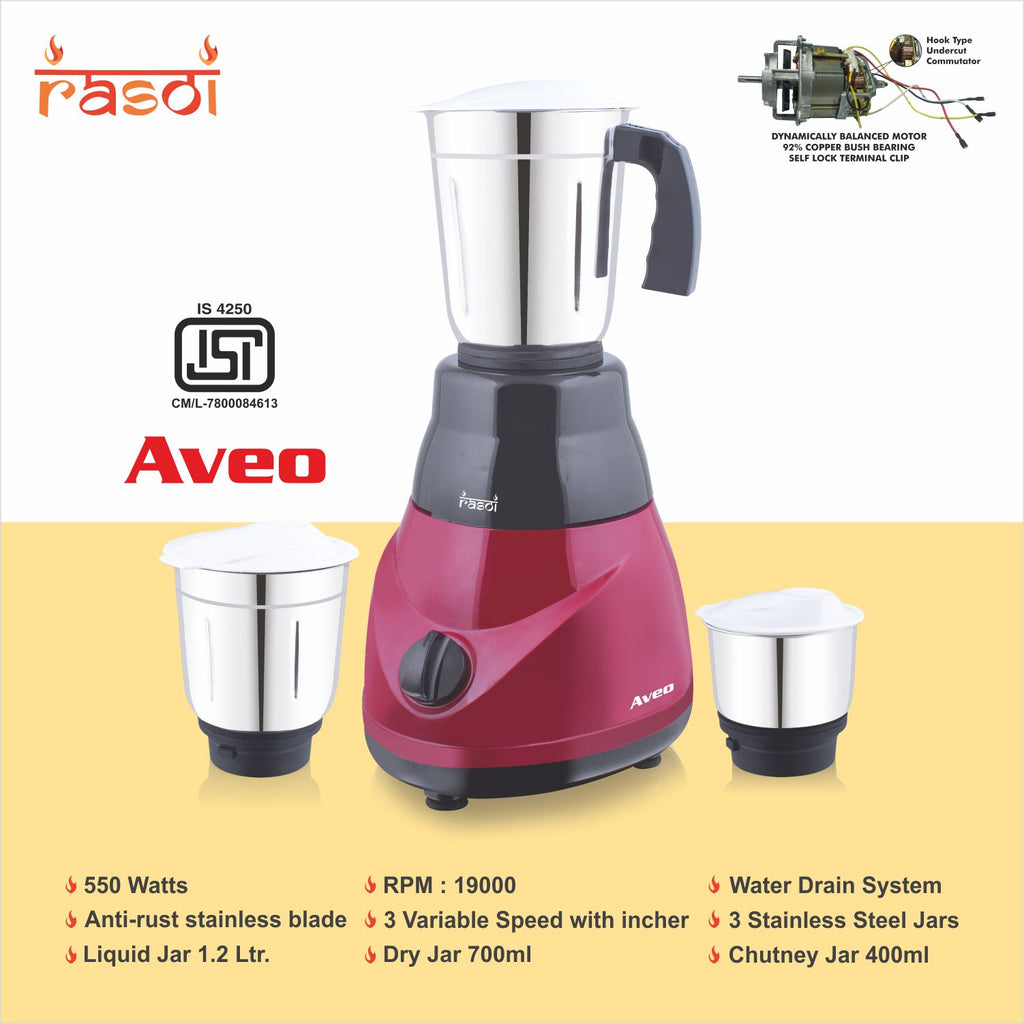Rasoi Aveo 550 W Mixer Grinder ( 2 Jar, Red, Hybrid)